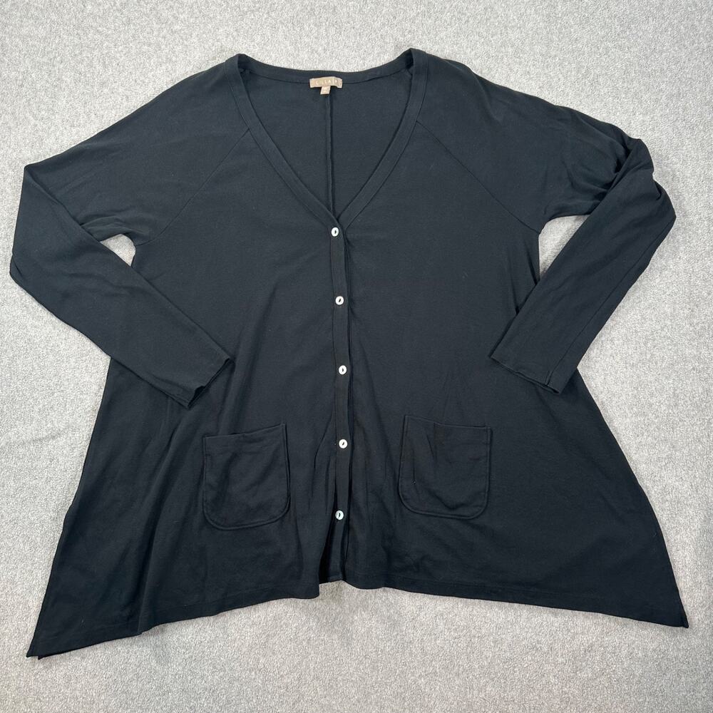 Lilla P Button Front Cardigan Tunic Top Women XL Black Cotton Long Sleeve Pocket